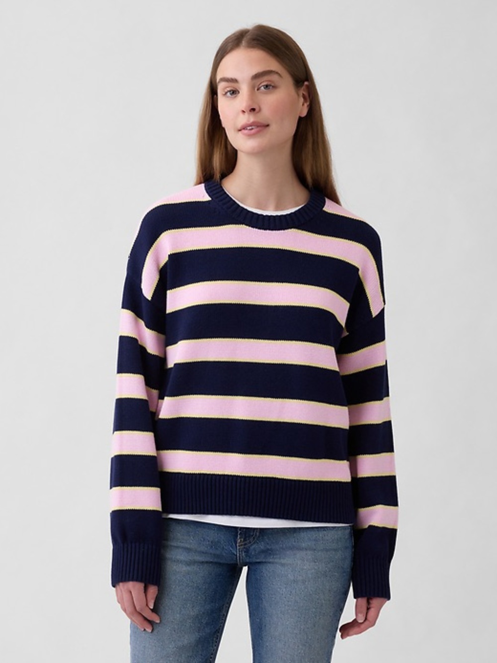 Gap Sz M 2025 Knit Cotton Striped Relaxed Navy Pink Sweater